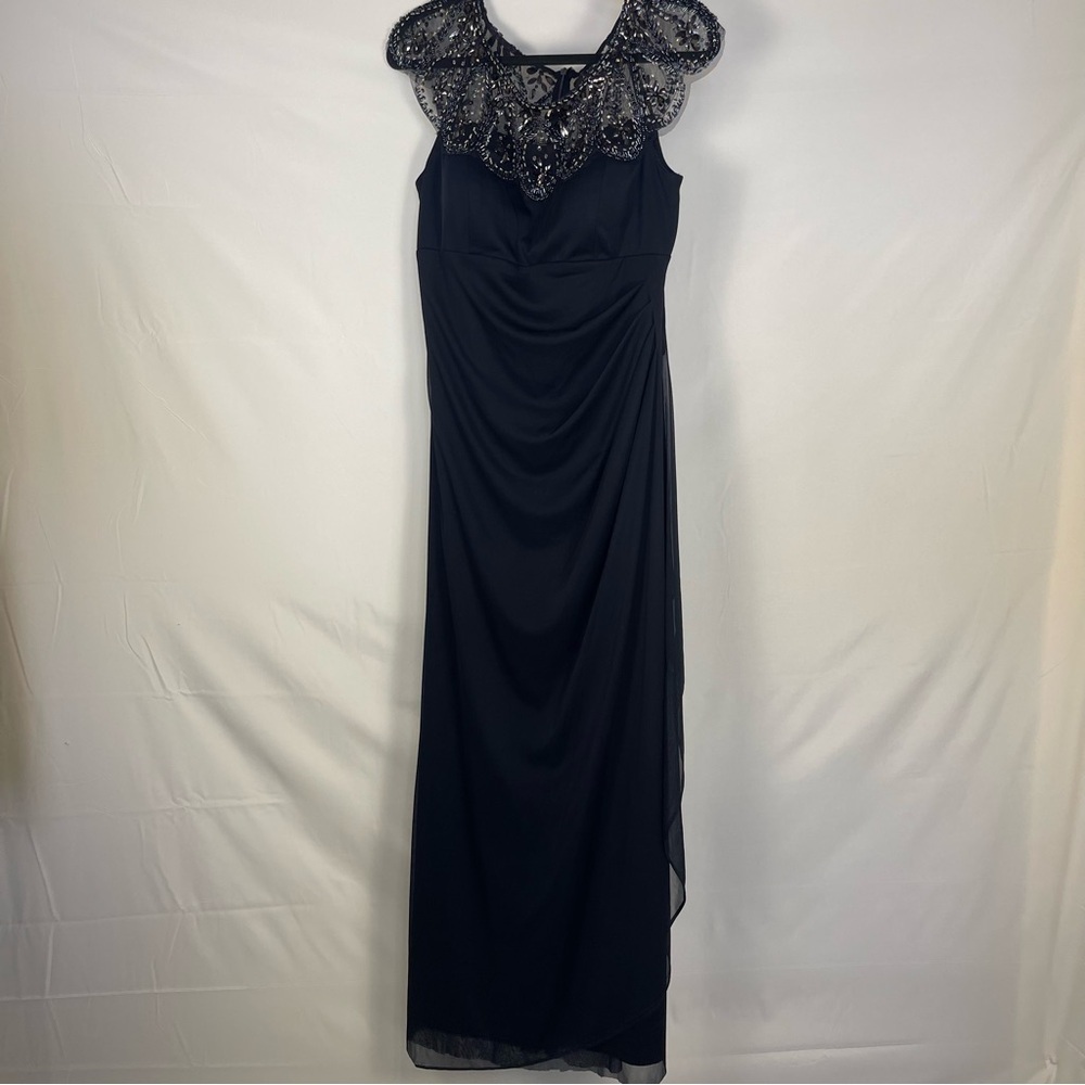 Xscape Navy‎ Blue Lace Ruched Gown size 12 *C0017